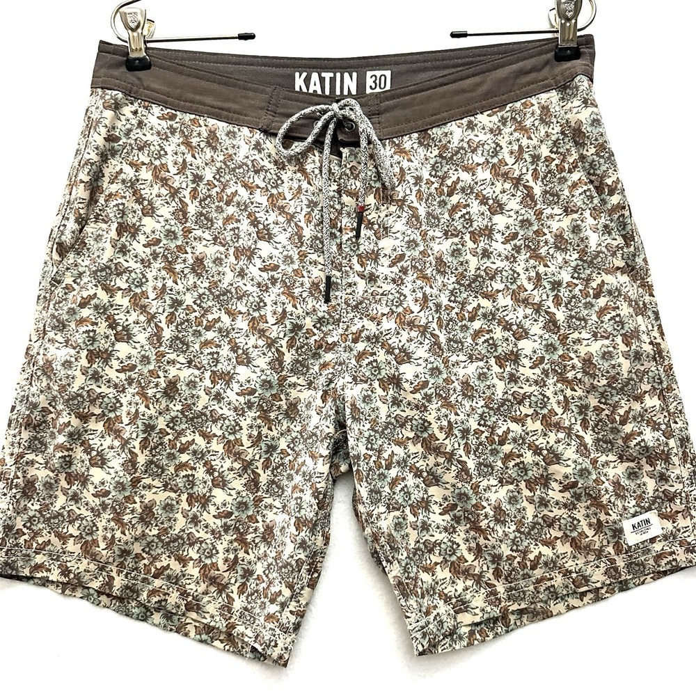Katin Posie Boardshort 30" X 7" Floral Swim Trunks Beach Surf Teal Brown Snap